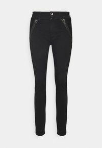 Black slim-fit pants with a smooth surface, zippered pockets, and textured side panels. Features a classic button and zipper fly closure.
