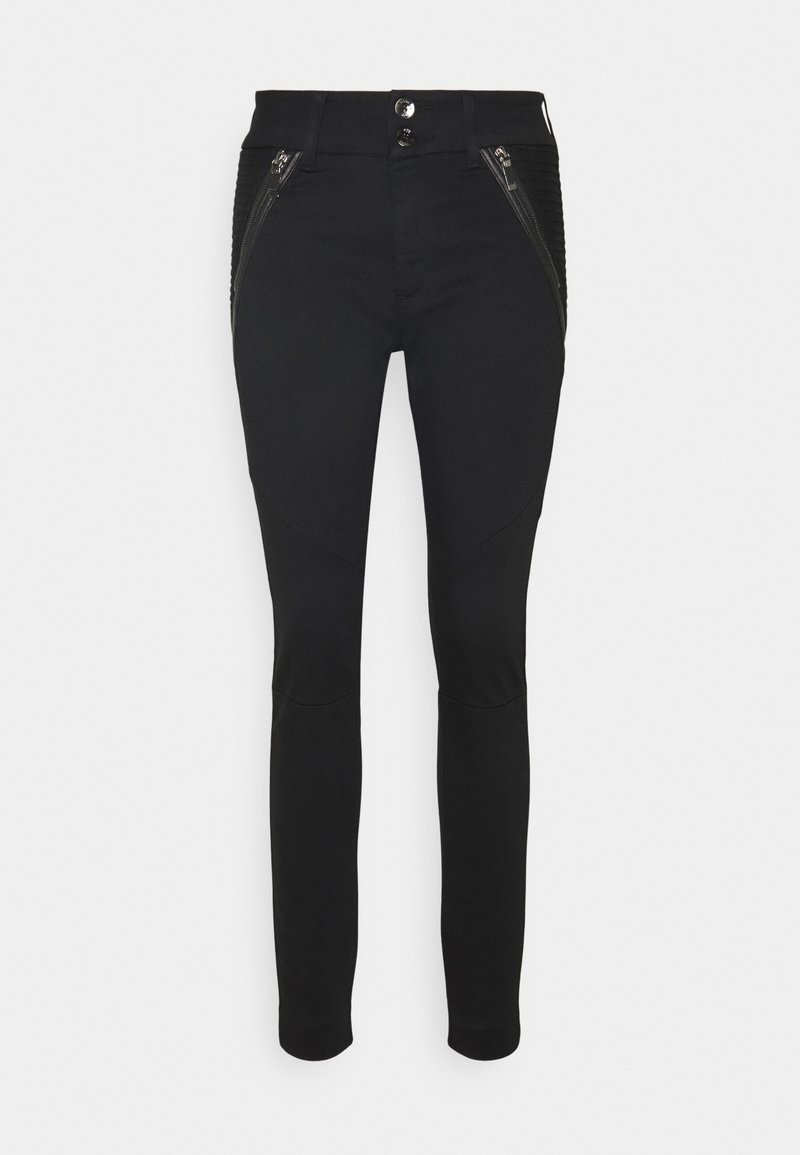 Black slim-fit pants with a smooth surface, zippered pockets, and textured side panels. Features a classic button and zipper fly closure.