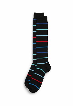 Black knee-high socks featuring horizontal stripes in light blue, dark blue, and red. Smooth texture with reinforced heels and toes.