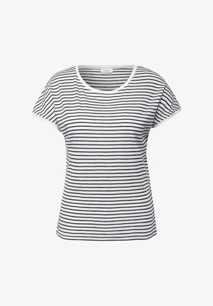 T-shirt rayé en blanc et bleu marine, en coton doux. Encolure ronde, manches courtes avec bord blanc. Présente de fines rayures horizontales.