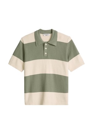Kurzärmeliges Strick-Poloshirt mit breiten horizontalen Streifen in Salbeigrün und Creme, dreiknöpfigem Verschluss und strukturierter Stoff.