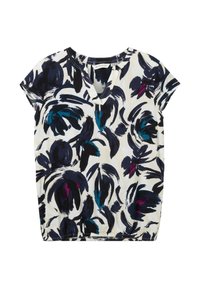 Camicetta a maniche corte in tessuto leggero, con stampa floreale nei colori blu navy, teal e magenta su uno sfondo bianco crema. Design a scollo a V.