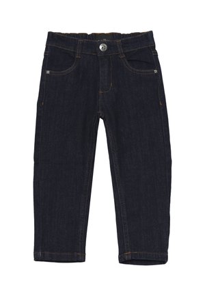 Jeans in denim blu scuro con taglio dritto, dotati di quattro tasche, cuciture arancioni e chiusura con bottone metallico in vita.