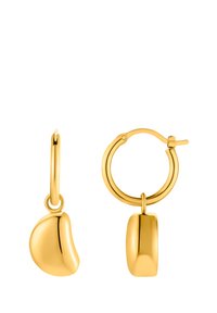 Goldene Creolenohrringe mit einem glatten, runden Anhängerdesign. Die Oberfläche ist poliert und spiegelt das Licht wider, mit einer schlanken, minimalistischen Form.