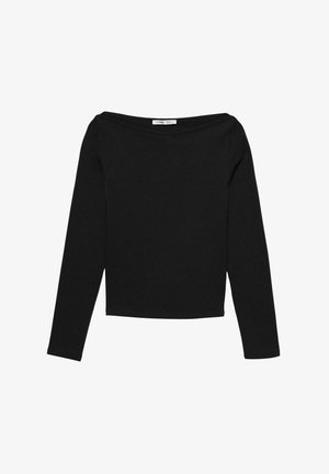 Zwarte top met lange mouwen en een off-shoulder halslijn, gemaakt van gladde stof, met een nauwsluitend ontwerp en een rechte zoom.