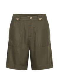 Shorts vert olive en tissu texturé, avec deux poches avant et deux boutons décoratifs à la taille.