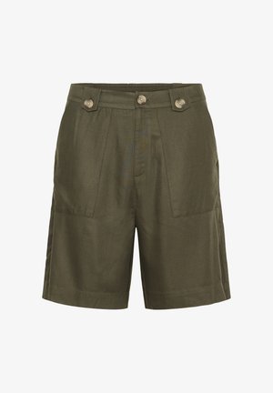 Olivgrüne Shorts aus einem strukturierten Stoff, mit zwei Fronttaschen und zwei dekorativen Knöpfen am Bund.