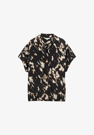 Korte mouwen overhemd met knopen in zwart met abstracte bruine en crèmekleurige patronen, met een klassieke kraag en een ontspannen pasvorm. Zachte stoftextuur.