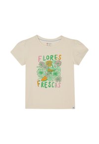 Lichtbeige katoenen T-shirt met kleurrijke bloem- en fruitafbeeldingen en de tekst "FLORES FRESCAS" in groen, oranje en roze. Korte mouwen.