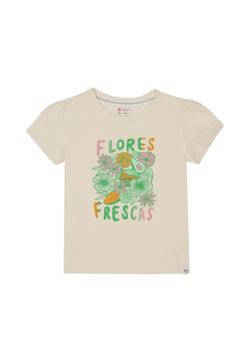 Lichtbeige katoenen T-shirt met kleurrijke bloem- en fruitafbeeldingen en de tekst "FLORES FRESCAS" in groen, oranje en roze. Korte mouwen.