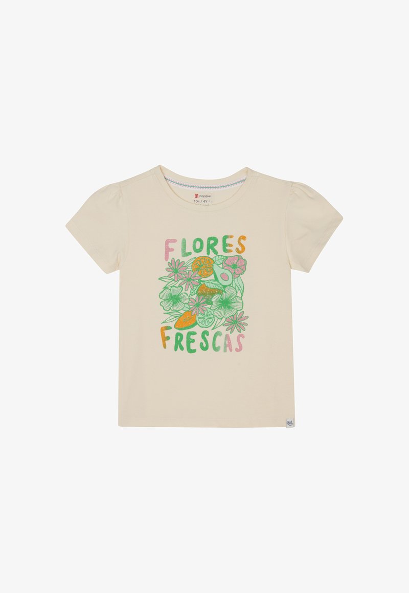 Lichtbeige katoenen T-shirt met kleurrijke bloem- en fruitafbeeldingen en de tekst "FLORES FRESCAS" in groen, oranje en roze. Korte mouwen.