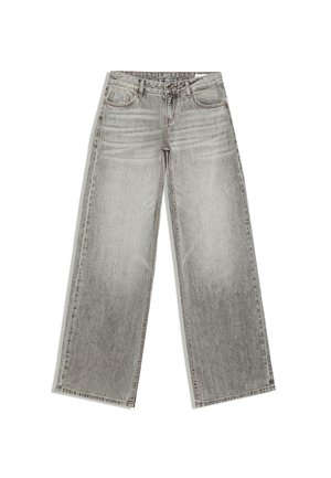 Grijze wijde jeans met voorzakken, riemlussen en een knoopsluiting, plat gelegd op een witte achtergrond.