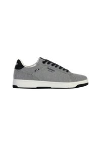 Zapatilla de lona gris con detalles negros y suela blanca. Cuenta con un diseño de cordones, cuello acolchado y un detalle de logo en el lateral.