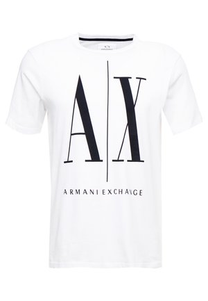 Hvit bomull t-skjorte med en stor svart logo "AX" og teksten "ARMANI EXCHANGE" under. Kortermet og rund hals design.