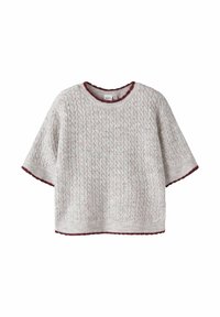Texturerad ljusgrå tröja med korta ärmar och rund halsringning. Har vinröd kant längs kragen och fållen.