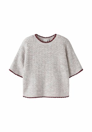 Textured light gray sweater with short sleeves and a round neckline. Features maroon trim along the collar and hem.
