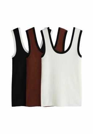 Three tank tops in black, brown, and white, featuring round necklines and contrasting black trim, made from soft cotton fabric.