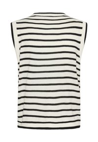 Sleeveless striped sweater in white and black. Features a ribbed texture and a round neckline, with horizontal stripes across the fabric.