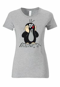 Cartoon black mole with a red nose holding its face in surprise, standing on gray rocks, printed on a light gray women's T-shirt.