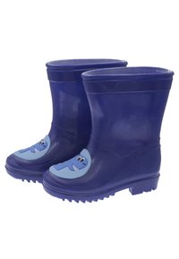 Bottes de pluie en caoutchouc bleu avec un design de requin souriant à l'avant, semelle texturée et finition lisse. Idéales pour les conditions humides.