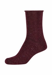 Burgunderrøde sokker fremstillet af glitrende materiale med multicolor prikker. Har en ribbet kant og standard knæhøjdes design.