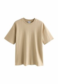 Beige ribbed short-sleeve T-shirt with crew neck, medium size, displayed against a white background.