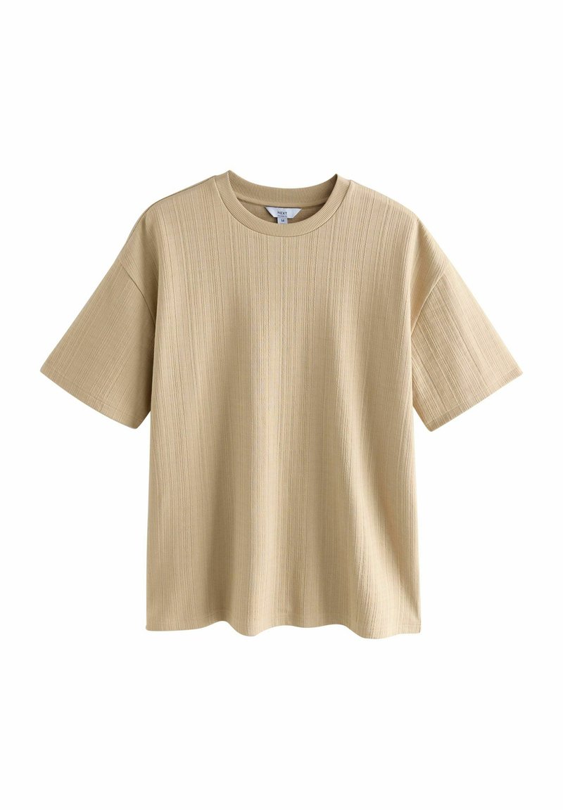 Beige ribbed short-sleeve T-shirt with crew neck, medium size, displayed against a white background.