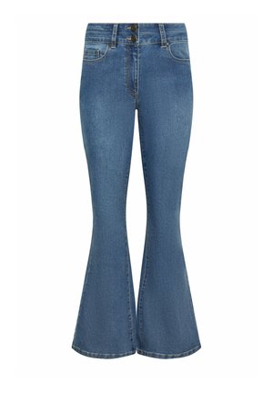 Blaue Denim-Flared-Jeans mit hoher Taille, doppelten Knöpfen, vorderen Taschen und gesteppter Naht, auf weißem Hintergrund dargestellt.