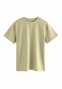 Ljusgrön kortärmad t-shirt i bomull med rundad halsringning och mjukt textur, med rak fåll och jämn sömnad.
