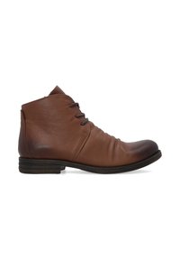 Braune Lederstiefel knöchelhoch mit runder Zehenform, leicht gerafftem Detail und drei Ösen für die Schnürung. Flacher, gestapelter Absatz, glatte Textur.