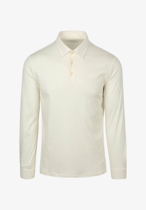 Long-sleeve polo shirt in cream cotton with a classic collar, three-button placket, and straight-cut cuffs. Smooth texture, minimal accents.