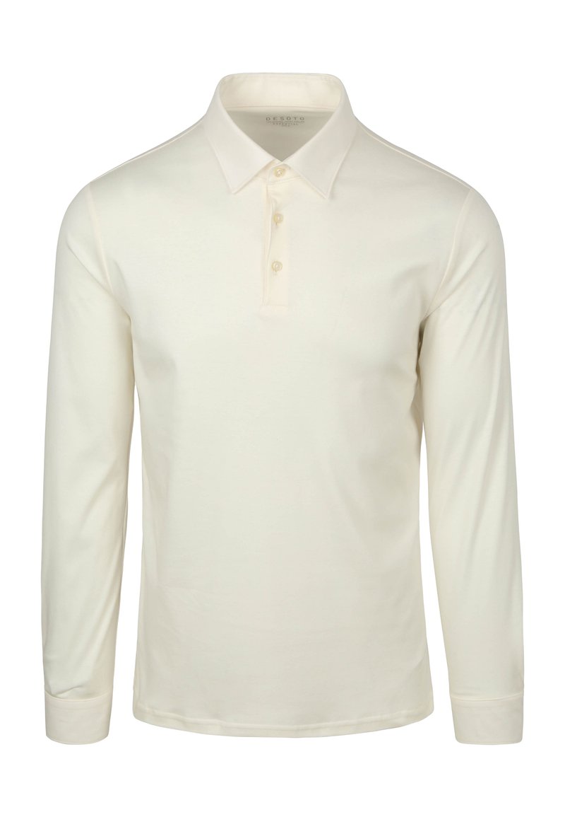 Langermige polo in crèmekleurige katoen met een klassieke kraag, een drieknoopsluiting en rechte manchetten. Soepele textuur, minimale accenten.