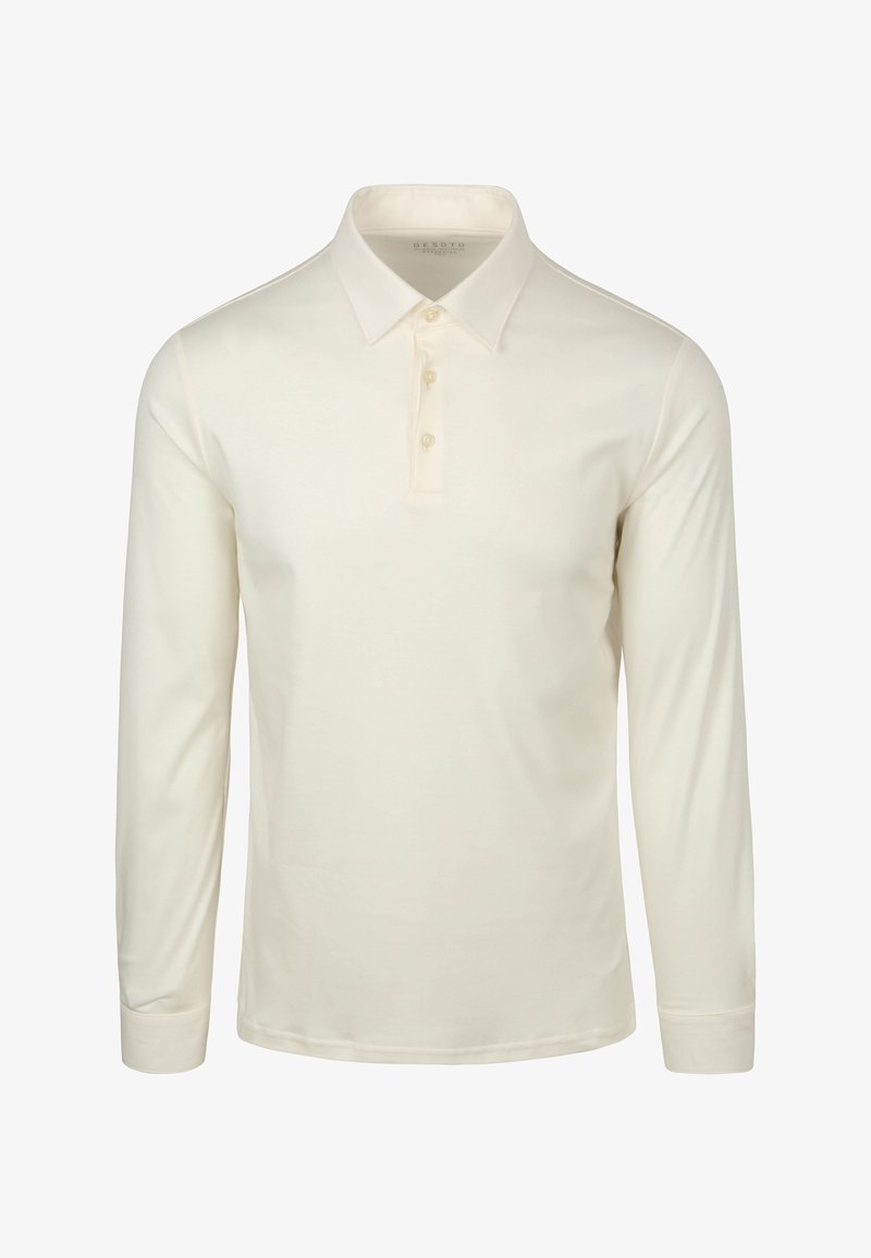 Langermige polo in crèmekleurige katoen met een klassieke kraag, een drieknoopsluiting en rechte manchetten. Soepele textuur, minimale accenten.