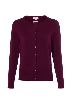 Cardigan a manica lunga, scollo rotondo, color viola scuro con bottoni, polsini e orlo a coste, mostrato su sfondo bianco.