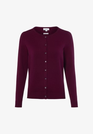 Langärmeliger, rundhalsiger, dunkelvioletter Cardigan mit Knöpfen, mit gerippten Bündchen und Saum, dargestellt auf weißem Hintergrund.