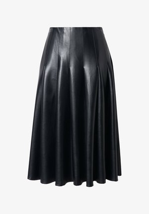 Zwarte leren rok met een flared ontwerp met plooien, een gladde textuur en een knielange snit. Inclusief subtiele stikdetails.