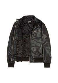 Veste bomber en cuir noir avec doublure matelassée, fermeture éclair avant, garnitures argentées, poignets et taille côtelés. Comprend une seule poche poitrine.