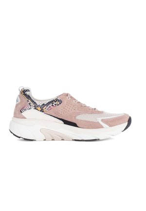 Light pink and white sneaker with thick sole, mesh and suede details, and multicolor snakeskin pattern near the heel.