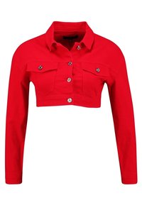 Červená zkrácená bunda vyrobená z bavlny. Má dlouhé rukávy, límec, dvě náprsní kapsy a stříbrné knoflíky. Hladká textura, ležérní design.