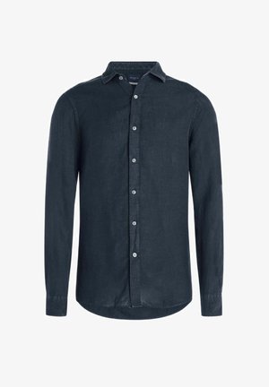 Chemise à manches longues bleu foncé avec col, boutons sur le devant, ourlet droit et coutures visibles sur les manches et sur la patte de boutonnage avant.