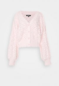 Rosa, kort cardigan av fluffigt material med diamantmönster, med långa ärmar och fyra knappar framtill.