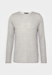 Ljusgrå långärmad tröja med rundad hals, tillverkad av mjukt material, med en slät yta och en enkel design utan mönster eller logotyper.