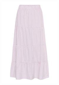 Jupe maxi rayée rose et blanche avec un design à plusieurs niveaux, taille élastique et tissu fluide. Présente plusieurs volants au niveau de l'ourlet.