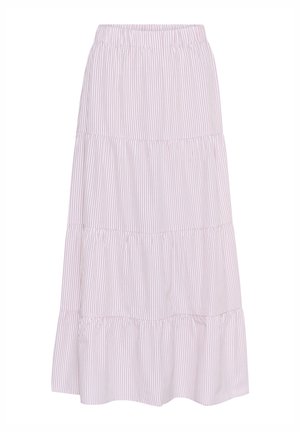 Jupe maxi rayée rose et blanche avec un design à plusieurs niveaux, taille élastique et tissu fluide. Présente plusieurs volants au niveau de l'ourlet.