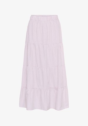 Roze en witte gestreepte maxi rok met een gelaagd ontwerp, elastische tailleband en vloeiende stof. Heeft meerdere ruffles aan de zoom.