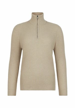 Beige stickad tröja med hög krage och halvdragkedja, med vertikal ribbad textur och långa ärmar.
