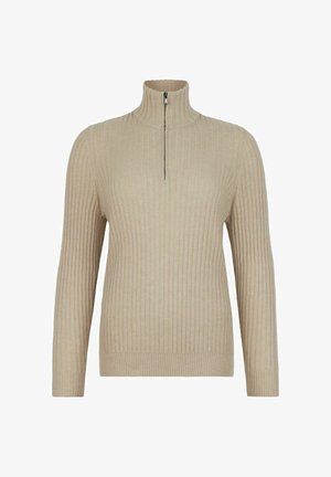 Beige Strickpullover mit hohem Kragen und halben Reißverschluss, vertikal geripptem Muster und langen Ärmeln.