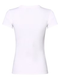Weißes T-Shirt mit kurzen Ärmeln aus Rippstoff. Leicht taillierter Schnitt mit rundem Ausschnitt, der eine glatte Textur präsentiert.
