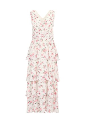 Sleeveless white dress with layered skirt, pink floral print, V-neckline, and fitted waist.