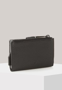 Black leather wallet with a textured surface, zip closure, and card slots. Features a slim, rectangular design with a clip on the side.